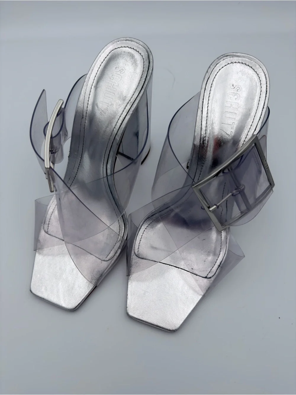 SCHUTZ Clear Vinyl Silver Block Heel Sandals 8B Square Toe Oversized Buckle